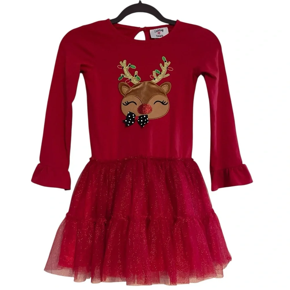 Counting Daisies Girls Size 8 Red Tulle Christmas Dress Reindeer Holiday
